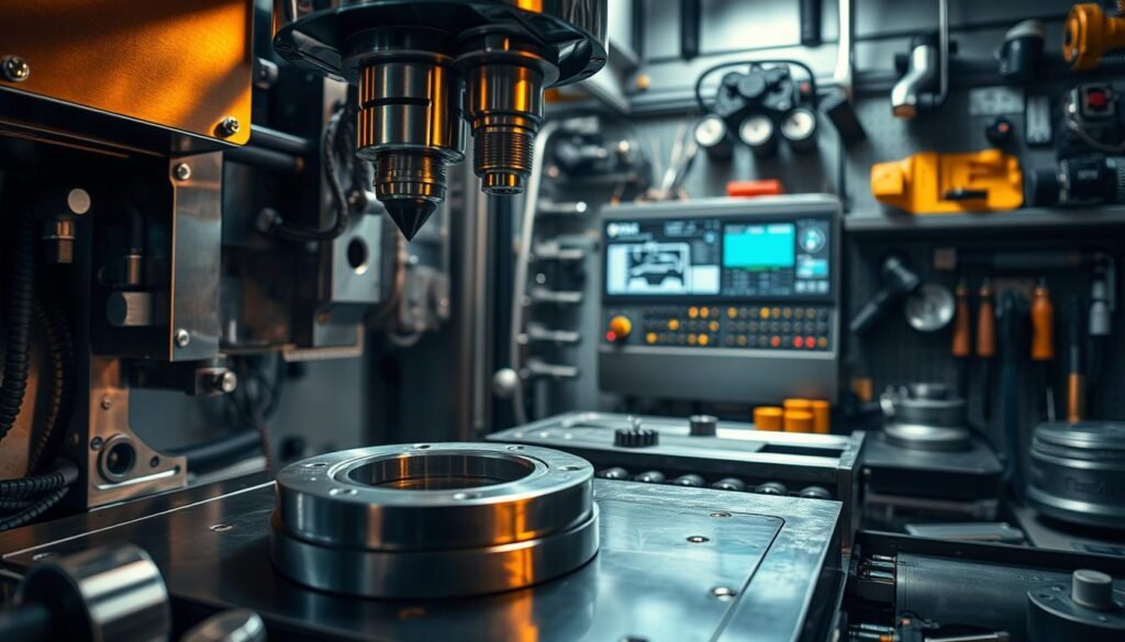 A complex CNC machine intricately crafted, its metallic components gleaming under warm studio lighting. In the foreground, a precision-machined part takes shape, the tool paths and surface finish showcasing the machine's reliability. In the middle ground, the machine's control panel displays performance metrics, highlighting its consistent accuracy. The background features an array of carefully organized tools and accessories, conveying the attention to detail inherent in CNC manufacturing. The overall scene radiates a sense of industrial sophistication and unwavering quality - traits essential for enhancing product reliability.