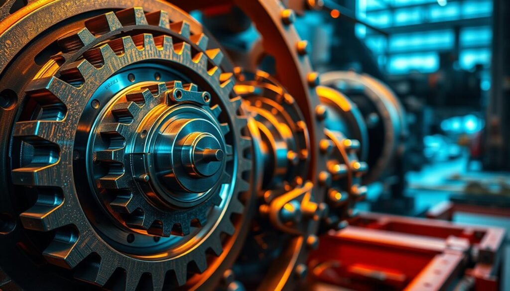 A complex mechanical design unfolds in intricate layers, showcasing the interplay of form and function. In the foreground, a precision-engineered gear assembly glistens under the warm glow of industrial lighting, its teeth interlocking with mesmerizing precision. The middle ground reveals a maze of interconnected metal components, each one integral to the whole, arranged in a visually striking pattern. In the background, a blurred silhouette of the larger machine hints at the overall complexity of the design, conveying a sense of depth and scale. The image exudes a sense of technical sophistication, inviting the viewer to explore the nuances of the engineering at play.