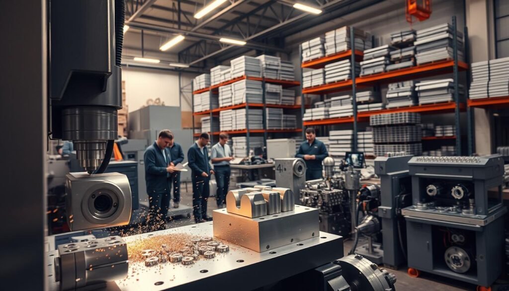 A detailed CNC machining workshop filled with state-of-the-art aluminum fabrication equipment. In the foreground, a CNC mill precisely carves intricate aluminum parts, its spindle whirring as shimmering metal chips fly through the air. In the middle ground, a team of skilled machinists monitor the process, analyzing tool paths and making real-time adjustments. In the background, towering shelves laden with raw aluminum stock and finished components, complemented by the warm glow of overhead lighting and the industrial hum of the workshop. The scene conveys the precision, efficiency, and technical expertise required for high-quality CNC machining of aluminum parts.