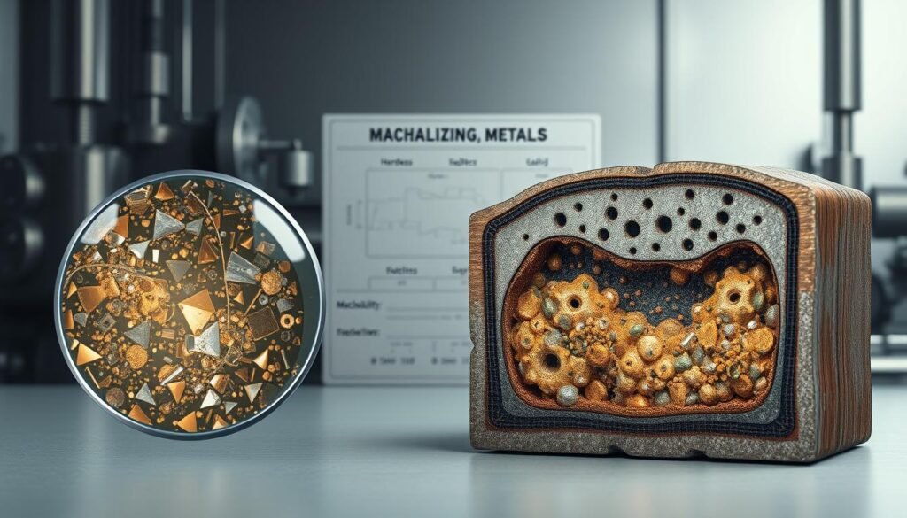 A detailed cross-section illustration showcasing the intricate chemical composition and machinability properties of various metals. The foreground displays a magnified view of the metal's crystalline structure, highlighting the distribution of alloying elements and impurities. The middle ground features a technical diagram outlining the key factors influencing machinability, such as hardness, ductility, and chip formation. In the background, a muted montage of metalworking machinery and tools sets the scene, creating a sense of industrial precision. The lighting is clean and directional, emphasizing the technical nature of the subject matter. The overall mood is one of scientific inquiry and engineering expertise.