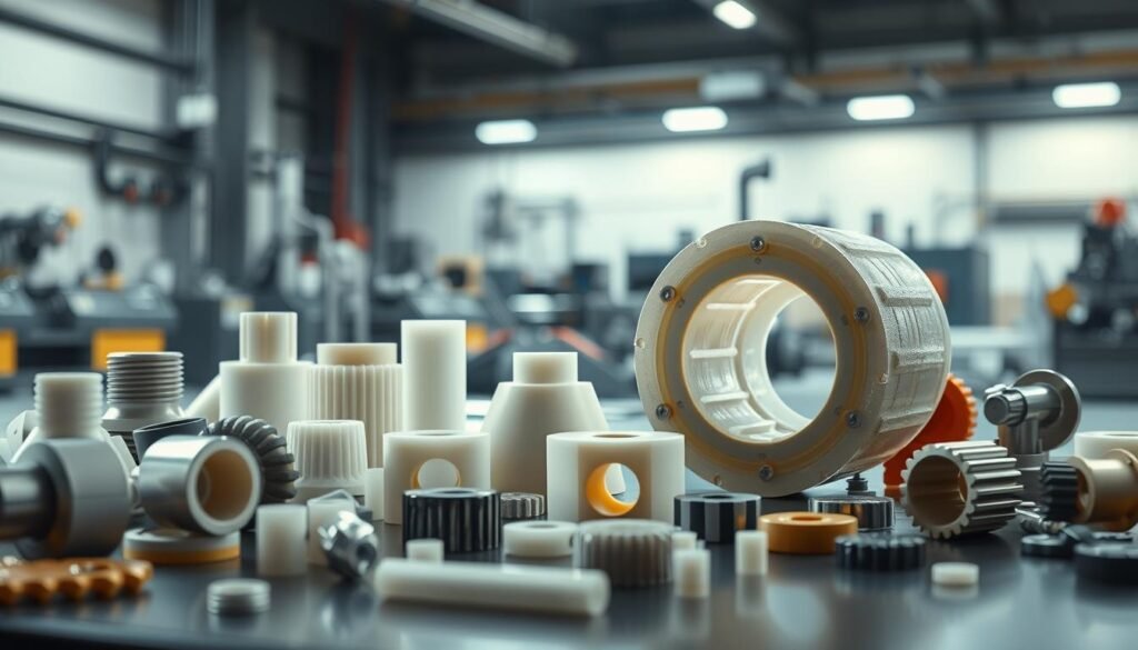 A detailed illustration of Polyoxymethylene (POM) advantages, shot with a professional-grade camera lens in a well-lit studio environment. The foreground features an assortment of POM parts and components, showcasing their precise machining, high dimensional stability, and resistance to wear and tear. The middle ground depicts a cross-section of a POM part, highlighting its low friction, self-lubricating properties. The background subtly conveys POM's versatility, with a range of industrial applications in the backdrop. The overall scene emanates a sense of technical sophistication and the material's practical benefits for CNC machining.