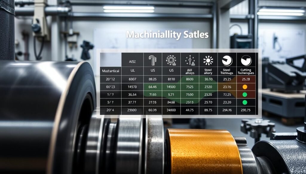 A detailed technical diagram showcasing the AISI machinability rating system. In the foreground, a precision-engineered metal part rotates on a lathe, its surface being smoothly machined. In the middle ground, a chart displays the numerical AISI machinability ratings for various steel alloys, accompanied by icons depicting the cutting tools and techniques suited for each rating. The background features a clean, well-lit industrial workshop setting, with precision measuring instruments and technical drawings visible. The overall atmosphere conveys a sense of engineering expertise, technical mastery, and the importance of understanding machinability for effective metal fabrication.