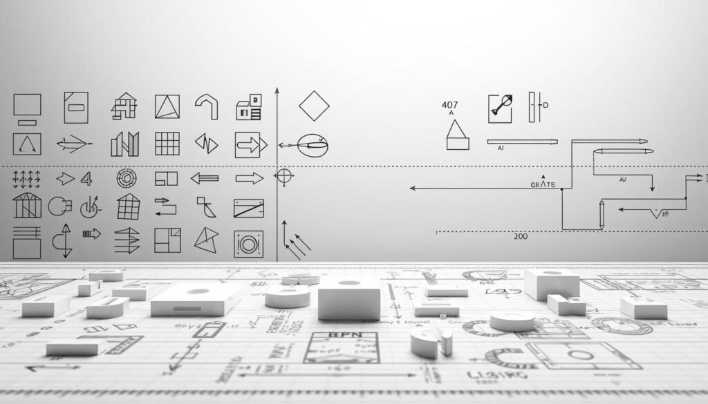 A detailed technical drawing showcasing an array of essential symbols and lines commonly found in engineering schematics. The foreground features a precise 3D rendering of various geometric shapes, arrows, dashed lines, and other industry-standard notations, all rendered with crisp lines and perfect symmetry under the glow of a soft, directional light. The middle ground depicts a blueprint-style grid pattern, lending a sense of technical precision and architectural design. The background subtly fades into a neutral gray tone, allowing the key elements to take center stage. The overall aesthetic is one of clean, minimalist elegance, perfectly suited to illustrate the essential components of a technical drawing for CNC machining.
