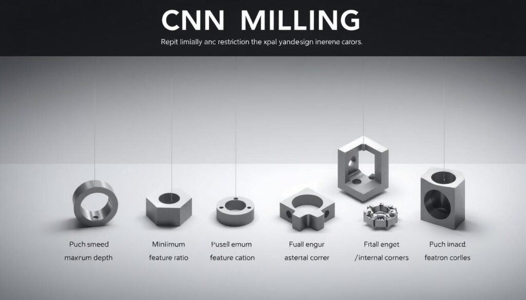 A detailed technical illustration showcasing the key design limitations and restrictions of CNC milling. Set against a clean, minimalist backdrop, this image prominently displays various CNC-specific geometry limitations, such as maximum depth, minimum feature size, maximum aspect ratio, and challenging internal/external corners. The illustration uses a muted, technical color palette with metallic accents, giving it an authoritative, engineering-focused aesthetic. The lighting is crisp and evenly distributed, casting subtle shadows to highlight the 3D forms. The camera angle is slightly elevated, providing an isometric view to maximize the visibility of the various design constraints.
