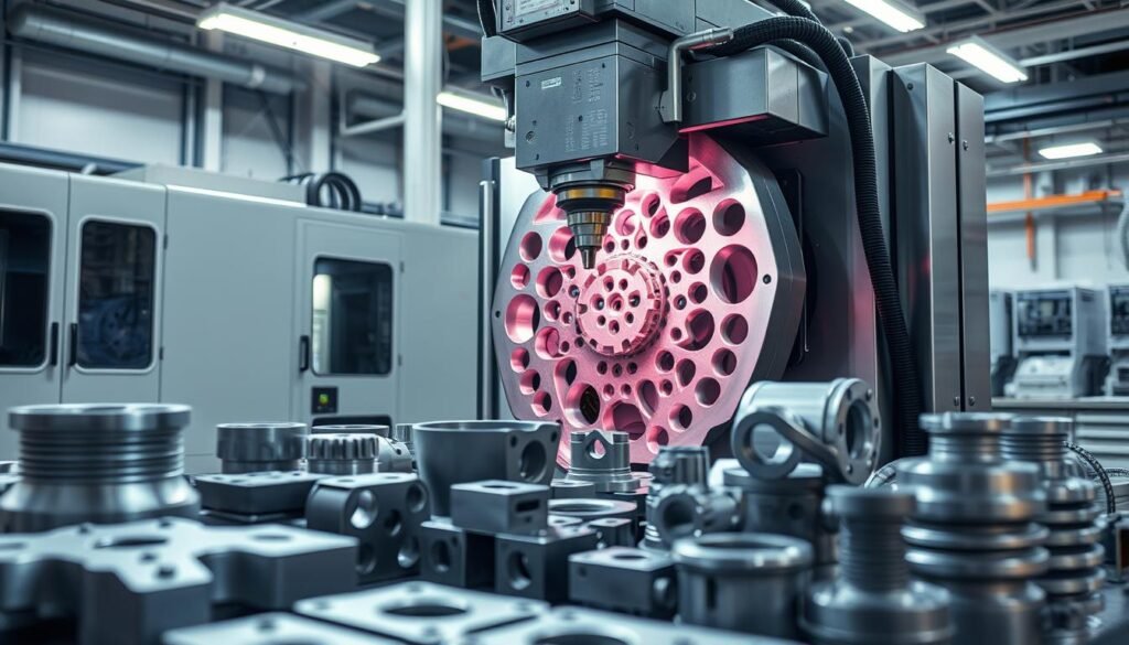A high-precision CNC machine meticulously carving intricate aluminum parts under bright, evenly-distributed studio lighting. The complex workpiece showcases the superior finishing and dimensional accuracy achievable through CNC machining, with smooth surfaces and tight tolerances. In the foreground, a collection of finished parts demonstrates the versatility and efficiency of the process, while the background features advanced CNC equipment and a clean, professional workshop environment. The scene conveys the technological sophistication and engineering benefits of CNC machining for producing premium-quality aluminum components.