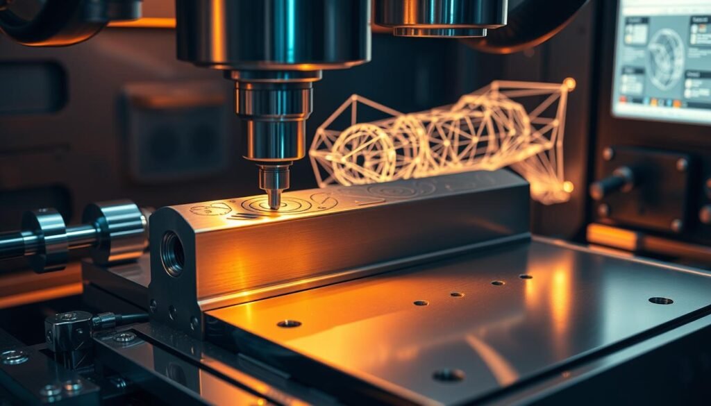 A high-precision CNC machine meticulously crafting a sleek, durable metal component. Gleaming chrome tools precisely carving intricate patterns into the polished surface, ensuring exceptional quality and reliability. The scene is bathed in a warm, technical glow, with strategically placed lighting accentuating the mechanical elegance. In the background, a complex 3D wireframe model rotates, visualizing the engineering principles underlying the manufacturing process. The overall atmosphere conveys a sense of advanced technology, expert craftsmanship, and unwavering product integrity.