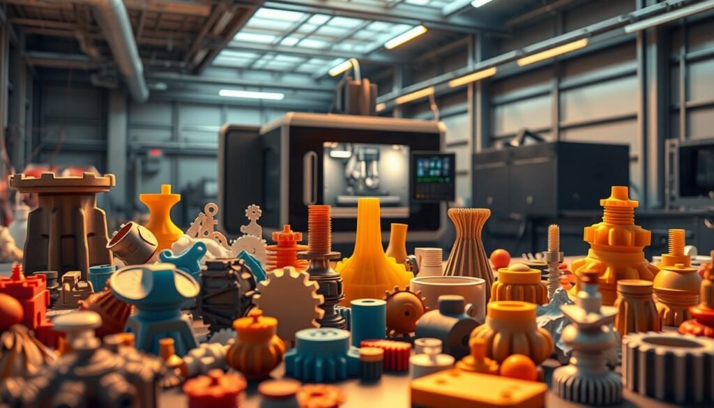 A highly detailed, photorealistic image of the benefits of additive manufacturing. In the foreground, a collection of complex 3D-printed parts and components in various colors and materials, showcasing the design freedom and customization capabilities of additive processes. In the middle ground, a CNC machining center juxtaposed with a 3D printer, illustrating the complementary nature of these manufacturing technologies. The background features a futuristic, minimalist industrial setting with clean lines and subtle metallic accents, conveying a sense of efficiency and innovation. Warm, directional lighting casts dynamic shadows, accentuating the textures and contours of the objects. The overall mood is one of technological advancement, versatility, and the synergies between traditional and emerging manufacturing methods.