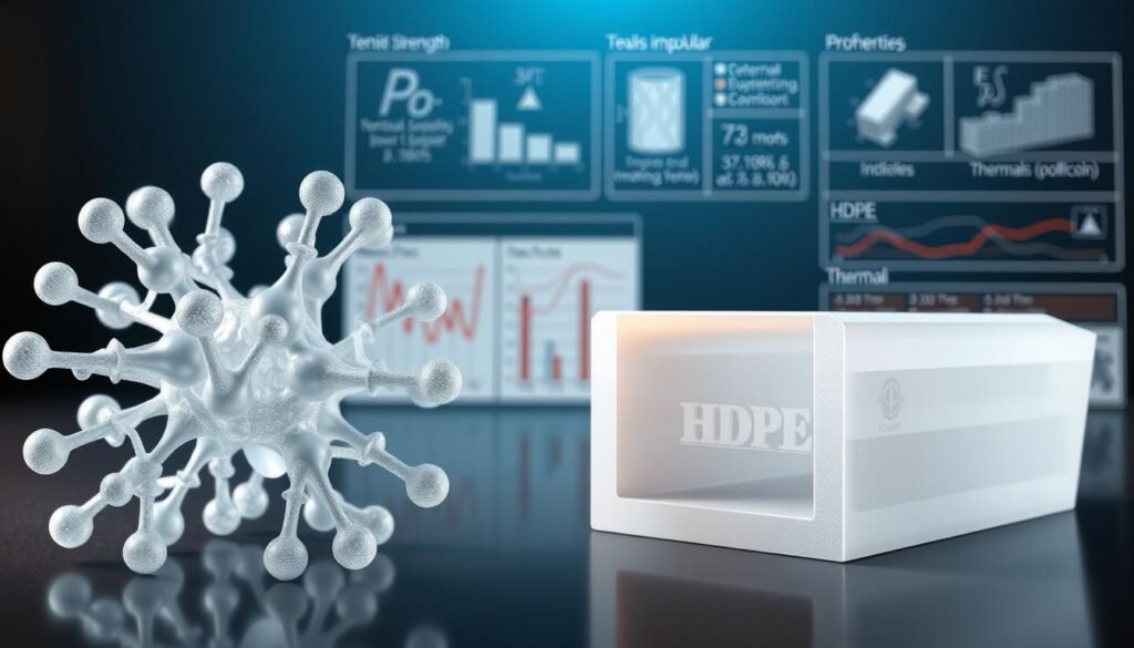 A highly detailed, scientifically accurate illustration of high-density polyethylene (HDPE) material properties, suitable for use in a technical article on CNC machining. In the foreground, a molecular model of HDPE, with its characteristic long, linear polymer chains and dense molecular packing. In the middle ground, a cutaway view of a HDPE part, showcasing its smooth, uniform texture and impressive impact resistance. In the background, a series of diagrams and charts highlighting HDPE's key mechanical properties like tensile strength, flexural modulus, and thermal expansion coefficient. Lit by soft, diffused lighting to emphasize the technical, scientific nature of the illustration. Rendered with photorealistic detail and precision, capturing the essence of HDPE's role in CNC machining applications.