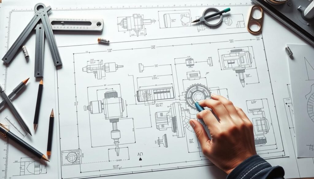 A highly detailed technical drawing depicting the fundamental elements of technical drafting. The image shows a clean, well-lit technical drawing board with precise drawing instruments such as a T-square, triangles, compass, and various writing tools. In the foreground, a detailed, technical schematic diagram is rendered, showcasing isometric, orthographic, and sectional views with accurate dimensions, notes, and annotations. The middle ground features a draftsman's hands constructing the drawing, illustrating the meticulous process of creating a technical drawing. The background subtly hints at an engineering or manufacturing environment, with subtle industrial elements providing context. The overall mood is one of precision, clarity, and technical proficiency.