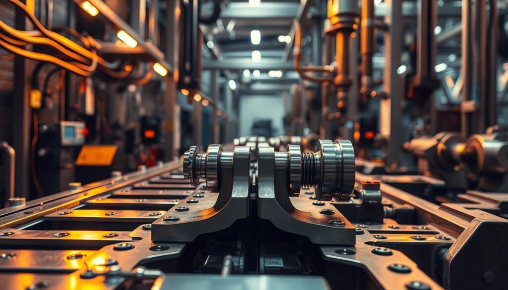 A meticulously engineered assembly line, where precision components interlock with seamless efficiency. Warm, directional lighting illuminates the intricate mechanisms, revealing the delicate balance between tight tolerances and smooth operation. In the foreground, two metal parts align with microscopic accuracy, their surfaces gleaming under the careful gaze of a skilled technician. The middle ground showcases an array of specialized tools and measurement devices, testifying to the importance of quality control. The background fades into a crisp, technical environment, hinting at the broader engineering context that shapes this carefully calibrated performance.