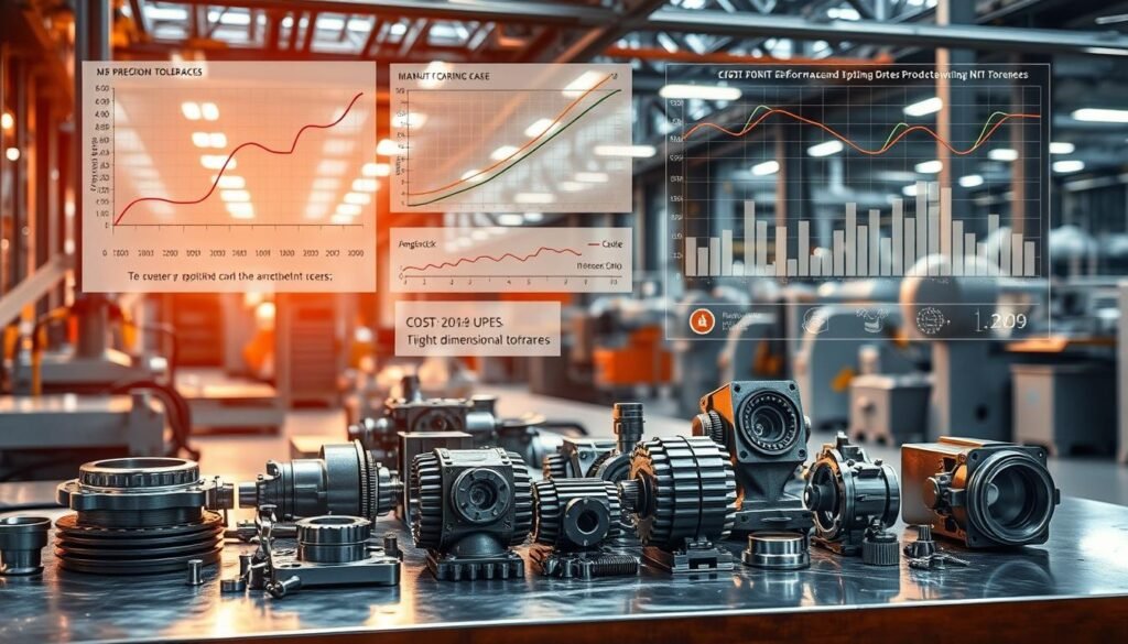 A modern factory floor, bathed in the warm glow of industrial lighting. On a workbench, precision engineering components are meticulously arranged, their intricate designs showcasing the impact of tight dimensional tolerances. In the background, a montage of cost curves and manufacturing data charts illustrates the delicate balance between quality and profitability. The scene conveys the careful engineering required to optimize assembly performance while minimizing production expenses, a testament to the importance of tolerances in modern manufacturing.