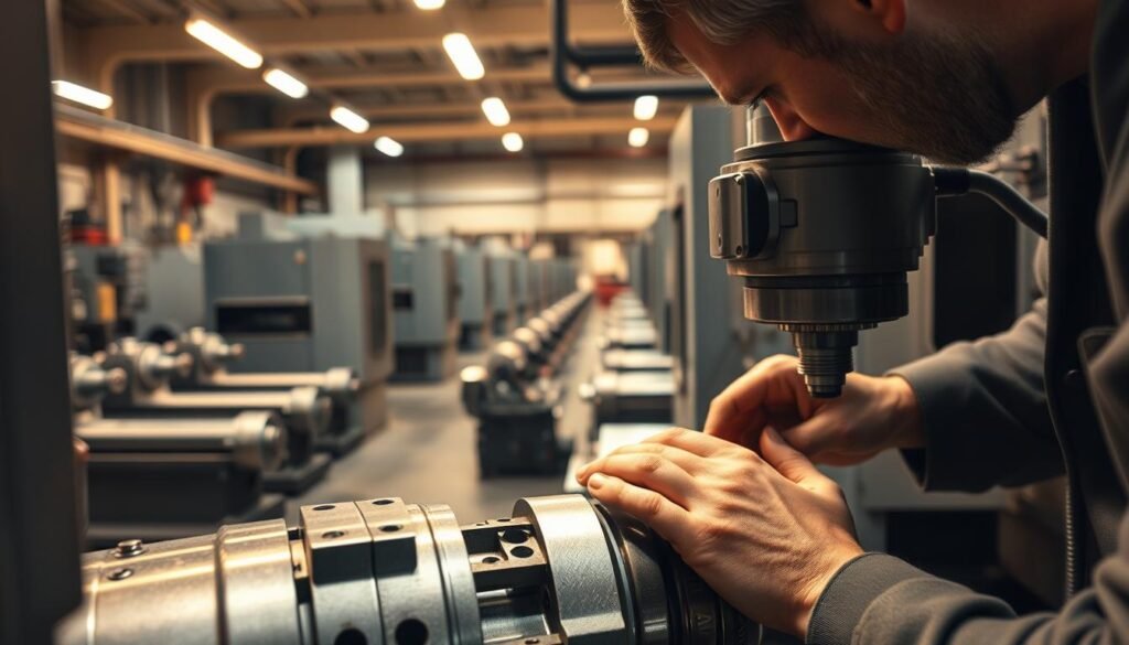 A precision CNC machine workshop, bathed in the warm glow of task lighting. In the foreground, a skilled operator carefully monitors the intricate milling of a complex metal component, their hands guiding the machinery with expert precision. In the middle ground, rows of state-of-the-art CNC lathes and mills stand ready, their polished steel surfaces reflecting the care and attention to detail that defines this facility. The background is filled with a sense of order and organization, with neatly arranged tools, meticulously calibrated instruments, and a palpable atmosphere of technical excellence. The overall scene conveys the essence of CNC machining: a harmonious blend of human skill and advanced technology, delivering unparalleled product reliability.