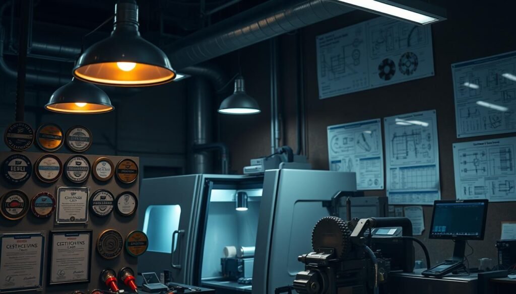A precision machining workshop, dimly lit with industrial lamps casting a warm glow. In the foreground, an array of certifications and badges are meticulously displayed, showcasing the expertise and credentials of the skilled machinists. The middle ground features a CNC milling machine, its shiny metal components and intricate mechanisms reflecting the attention to detail required for high-precision manufacturing. In the background, a wall-mounted display presents technical schematics and engineering diagrams, reinforcing the technical expertise and standards upheld by the professionals in this field.