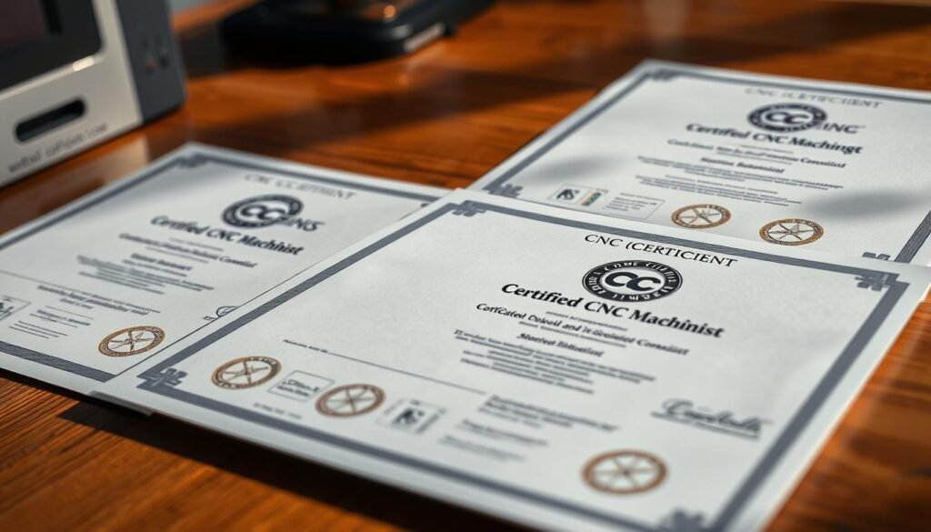A pristine, high-resolution image of several official CNC machining certification documents, neatly arranged on a clean, well-lit wooden desk. The certificates feature prominent logos, seals, and detailed descriptions of the certifications, including titles such as "Certified CNC Machinist" and "CNC Programming Specialist". The scene is bathed in soft, directional lighting, casting subtle shadows and highlighting the textures of the paper and desk surface. The overall mood is one of professionalism, credibility, and the importance of recognized CNC machining skills and qualifications.