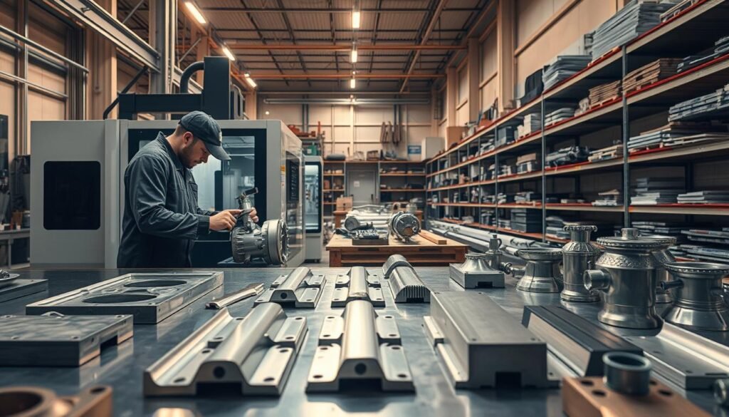 A pristine sheet metal fabrication workshop, bathed in warm, directional lighting that accentuates the polished surfaces. In the foreground, a worker carefully operates a precise CNC machine, meticulously shaping and finishing a complex aluminum component. The middle ground showcases an array of expertly crafted metal parts, their sharp edges and smooth textures reflecting the skilled craftsmanship. In the background, rows of shelves display an organized inventory of raw materials and specialized tools, conveying a sense of professionalism and attention to detail. The overall atmosphere exudes a harmonious blend of industrial efficiency and artisanal precision, capturing the essence of exceptional sheet metal finishing services.
