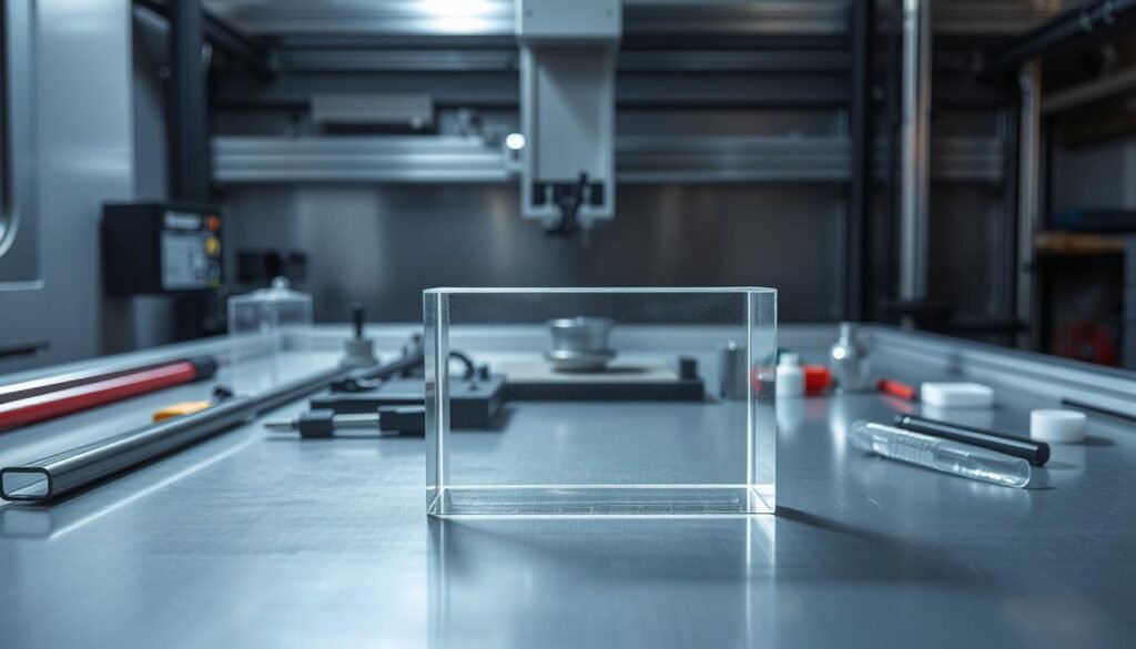 A pristine, well-lit CNC machine workspace with an acrylic workpiece in the foreground, showcasing its optical clarity and smooth finish. The acrylic piece is positioned prominently, illuminated by a soft, diffused light that highlights its dimensional properties. In the middle ground, various CNC tools and accessories are neatly arranged, conveying the precision and control required for acrylic machining. The background features a sleek, modern industrial setting, with metal surfaces and clean lines emphasizing the technical nature of the scene. The overall composition exudes a sense of professionalism, efficiency, and the versatility of acrylic as an optical material for CNC applications.