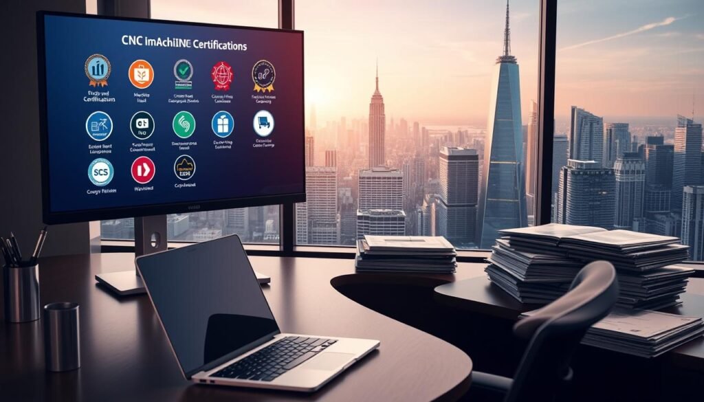 A sleek, modern office setting with a large monitor displaying various certification icons and badges, representing the key benefits of CNC machining certifications. The foreground features an ergonomic workspace with a silver laptop, a pen cup, and a tactile keyboard. The middle ground showcases a neatly organized stack of technical manuals and industry publications. The background depicts a panoramic city skyline with gleaming skyscrapers, symbolizing the professional opportunities and global recognition that CNC machining certifications can provide. Soft, indirect lighting creates a warm, inviting atmosphere, emphasizing the importance and value of these industry-recognized credentials.