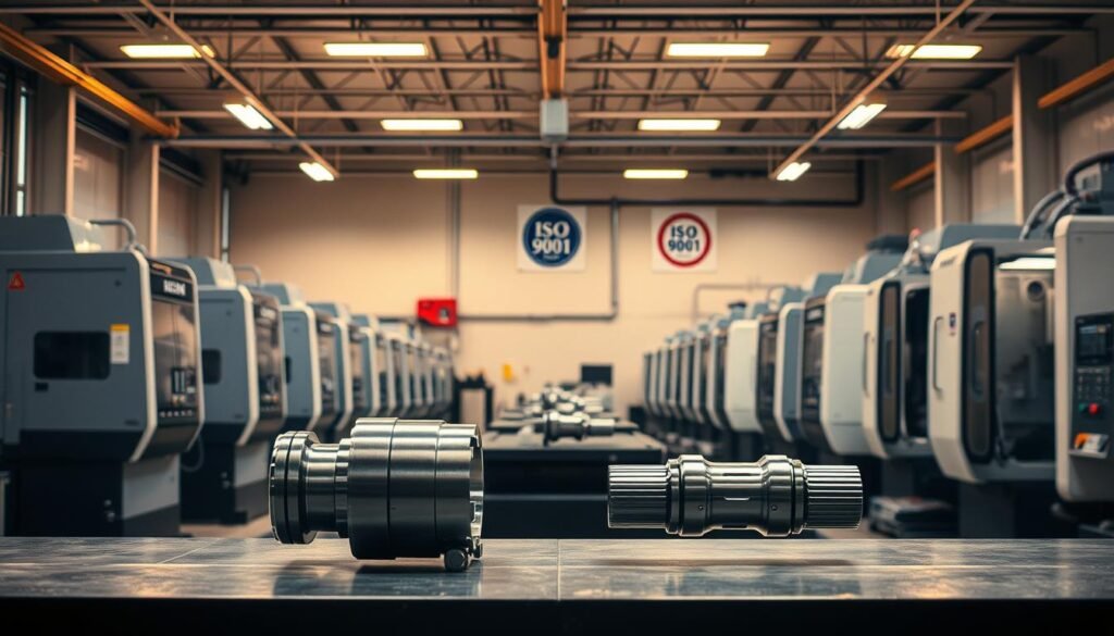 A spotlessly clean and modern CNC machining workshop, bathed in warm, diffuse lighting. In the foreground, a gleaming, precision-engineered part rests on a workbench, showcasing the meticulous craftsmanship. Rows of advanced, state-of-the-art CNC machines line the middle ground, their sleek, metallic forms hinting at the technological prowess within. In the background, an ISO 9001 certification plaque hangs prominently on the wall, a testament to the facility's commitment to quality and process excellence. The overall atmosphere is one of efficiency, attention to detail, and a deep respect for the art of CNC machining.