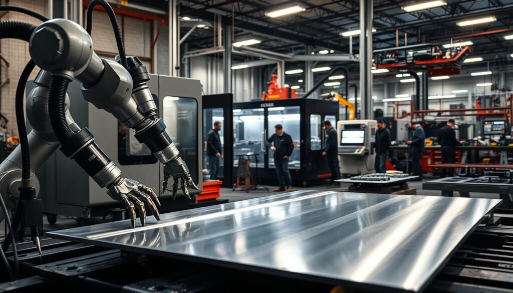 A well-lit CNC workshop showcases the intricate process of sheet metal forming. In the foreground, a gleaming metal sheet is being carefully manipulated by skilled technicians, their hands guiding the material through a series of precision bends and folds. Powerful robotic arms move with fluid grace, seamlessly integrating with the human operators. The middle ground reveals the advanced CNC machinery, its sleek design and array of sensors reflecting the cutting-edge technology at play. In the background, a bustling hive of activity, with workers monitoring the production line and meticulously inspecting the finished components. The overall atmosphere conveys a sense of efficiency, innovation, and a deep appreciation for the art of metalworking.
