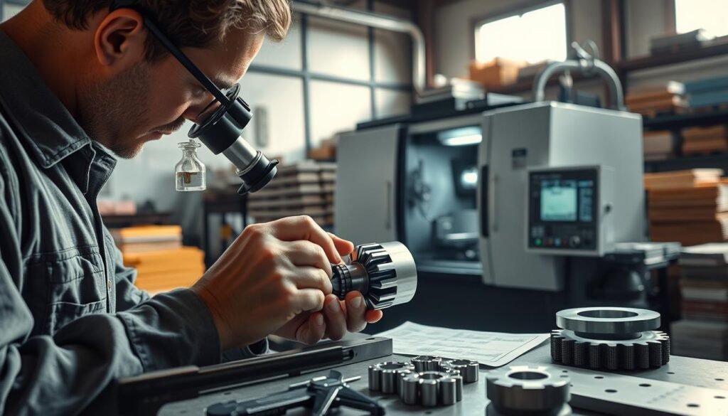 A well-lit and detailed CNC machining workshop, with a technician intently inspecting a machined part under a magnifying glass. The foreground shows precision measuring tools, calipers, and a quality control checklist. In the middle ground, a CNC machine is visible, its control panel displaying real-time data. The background features stacks of raw materials, finished parts, and a sense of organized workflow. The lighting is a combination of natural and industrial, casting shadows that emphasize the importance of quality control in this outsourced manufacturing process.