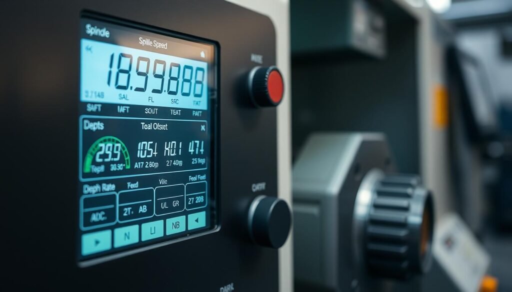 A well-lit close-up shot of a CNC machine control panel showcasing different cutting parameters like spindle speed, feed rate, depth of cut, and tool offset. The foreground displays a digital screen with numerical values and icons for each parameter, while the middle ground features the machine's control buttons and dials. The background subtly blurs out the machine's structure, emphasizing the technical details in focus. The image conveys a sense of precision, technical expertise, and the importance of carefully calibrating cutting parameters for optimal CNC machining performance.