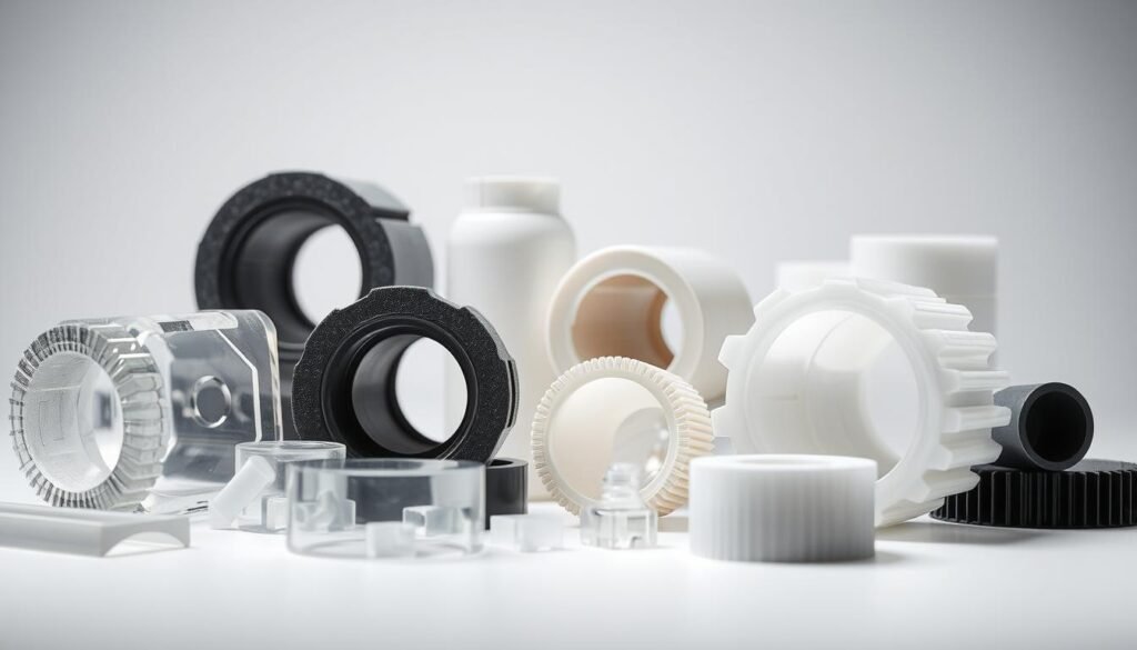 A well-lit, detailed close-up view of various plastic components and parts typically used in CNC machining processes. A collection of common industrial plastic materials like acrylic, polycarbonate, PTFE, and engineered plastics are prominently displayed against a clean, neutral background. The parts have been precisely machined, showcasing the intricate features and textures achievable with CNC techniques. The lighting emphasizes the translucent, glossy, and durable qualities of the plastics. The overall composition highlights the versatility and technical capabilities of using plastics in advanced manufacturing applications.