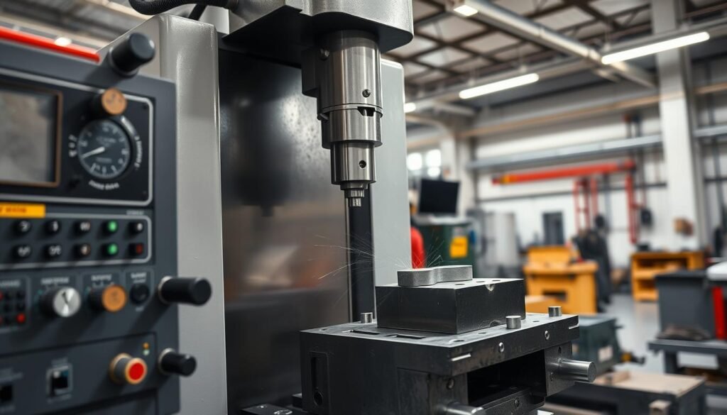 A well-lit, high-quality photograph showcasing a vertical CNC milling machine in a modern industrial workshop. The machine is cutting into a metal block, creating intricate machined parts with precision. The foreground features the CNC control panel, dials, and levers, conveying the advanced technology. The middle ground shows the milling tool precisely cutting the metal, creating smooth, detailed surfaces. The background depicts the clean, organized workshop environment, with other machinery and tools visible. The lighting is bright and directional, highlighting the technological sophistication of the CNC milling process. The overall atmosphere is one of efficiency, innovation, and cost-effectiveness in the manufacturing industry.