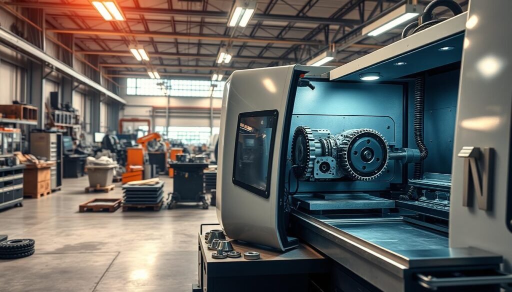 A well-lit industrial workshop, with a CNC machine prominently displayed in the foreground. The machine's intricate mechanical components are visible, showcasing its precision and power. In the middle ground, various machined parts and tools are neatly arranged, highlighting the efficiency and cost-effectiveness of the CNC process. The background features a panoramic view of the workshop, with other machines and workstations visible, conveying a sense of a well-organized, productive environment. The overall atmosphere is one of professional competence, technological advancement, and financial optimization, capturing the essence of "cost savings in CNC machining."