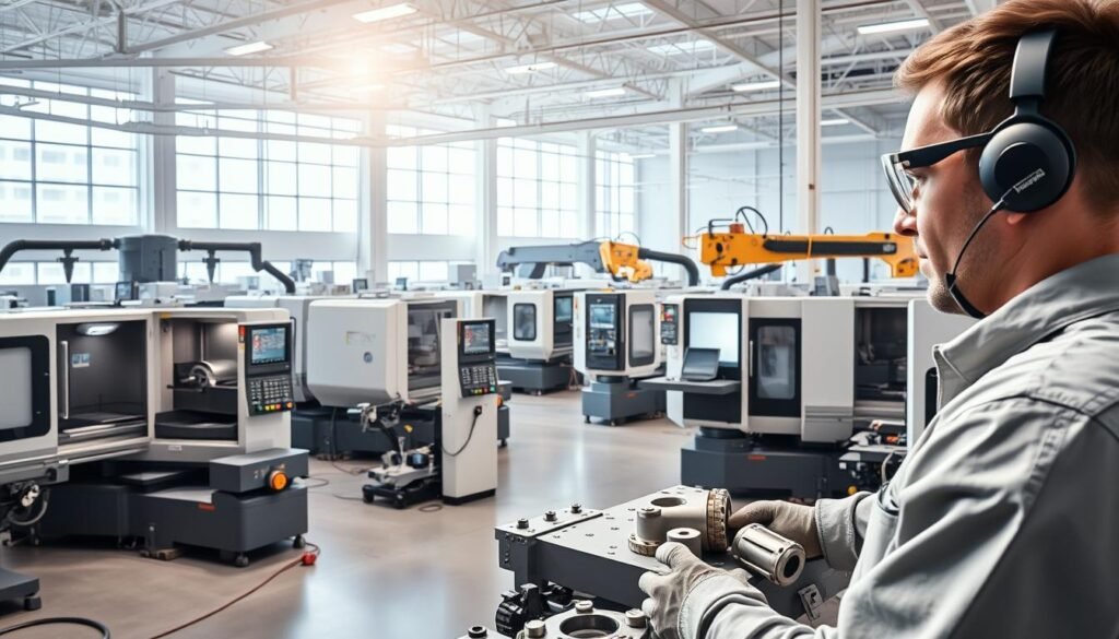 A well-lit, modern CNC machine shop, with an array of state-of-the-art milling and turning machines arranged in a clean, organized layout. The foreground features a technician carefully monitoring the machining process, wearing protective gear. In the middle ground, high-precision cutting tools, coolant systems, and robotic arms work in harmony, producing intricate metal parts. The background showcases a panoramic view of the facility, with large windows allowing natural light to stream in, creating a bright and airy atmosphere. The overall mood is one of efficiency, attention to detail, and a commitment to delivering high-quality CNC machining services.