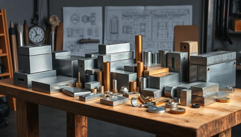 A well-lit studio scene showcasing a variety of common machinable materials. On a sturdy wooden workbench, arrange an assortment of metal blocks, rods, and sheets in stainless steel, aluminum, brass, and titanium. Highlight the unique textures and colors of each material. In the background, have technical engineering diagrams and schematics visible, providing context. Utilize soft, directional lighting to create depth and emphasize the materials' reflective properties. Capture the scene from a slightly elevated, three-quarter angle to provide a comprehensive view of the layout. Convey a sense of precision, technical expertise, and the diverse properties of these commonly machined materials.