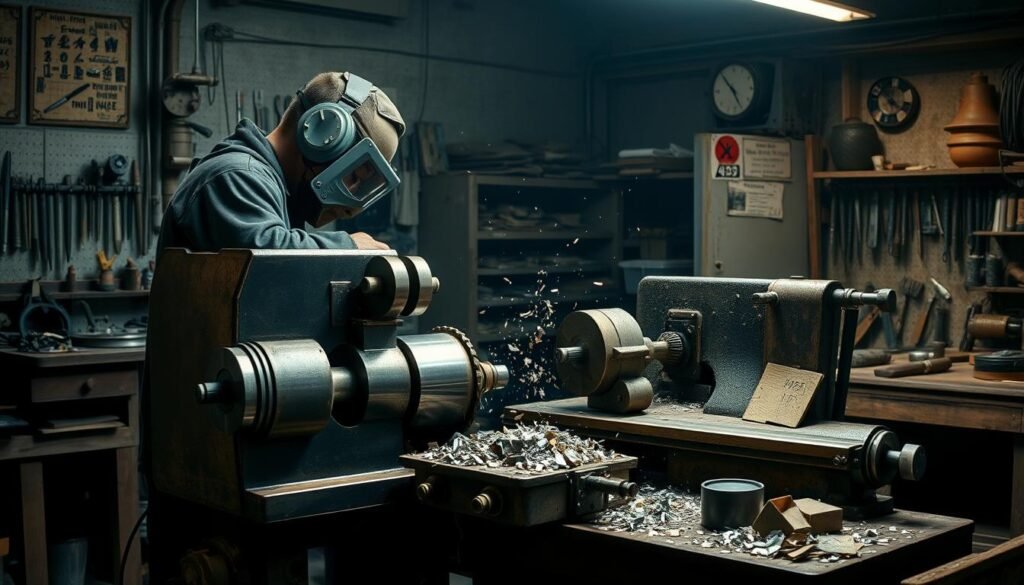 A well-lit workshop interior, with a sturdy manual lathe taking center stage. The operator, clad in protective gear, carefully guides the metal workpiece as the machine's spinning chuck and precision tools carve intricate shapes. Shavings of metal cascade onto the bench, testament to the hands-on craftsmanship. Dimly-lit corners reveal an array of hand tools and measuring instruments, hinting at the skill and experience required for this manual process. A sense of focus and concentration permeates the scene, as the operator harnesses the machine's power to transform raw material into a refined, functional form.