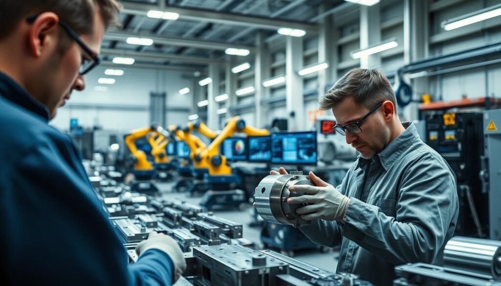 A workshop filled with custom-fabricated metal parts undergoing rigorous quality control. In the foreground, a technician carefully inspects a precision-machined component under bright, evenly diffused lighting, meticulously checking for any imperfections. In the middle ground, robotic arms effortlessly perform various tests and measurements, ensuring the parts meet stringent industry standards. In the background, a network of computer screens displays real-time data analytics, monitoring the entire production process. The scene conveys a sense of diligence, attention to detail, and a relentless pursuit of excellence in custom metal fabrication.