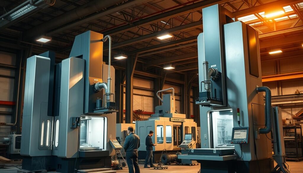 A workshop interior bathed in warm, industrial lighting. Towering vertical CNC machines dominate the foreground, their sleek metal bodies and precise robotic arms conveying a sense of high-tech precision. In the middle ground, operators monitor the machines' progress, overseeing the intricate milling and machining processes. The background reveals the larger facility, with additional CNC units and various metalworking tools and equipment. The overall atmosphere is one of focused efficiency and technological sophistication, showcasing the power and capabilities of vertical CNC milling.