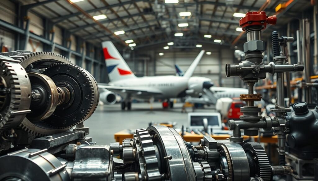 Aerospace industry tolerances: a precise dance of intricate metal components, captured in an industrial workshop setting. Bright, overhead lighting casts sharp shadows, highlighting the delicate engineering of aerospace machinery. In the foreground, a complex assembly of gears, valves, and hydraulic fittings, their surfaces gleaming with a metallic sheen. In the middle ground, a technician's workbench displays an array of precision measuring tools, underscoring the importance of exact tolerances. The background reveals the broader context, with the imposing silhouettes of aircraft fuselages and wings, a testament to the crucial role of tolerance management in the aerospace industry.