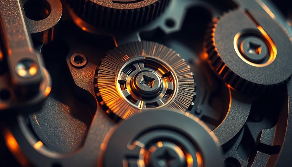 a close-up view of a mechanical assembly, with several components interlocking with high precision. the components are made of polished metal alloys, with intricate surface textures and intricate geometric patterns. the assembly is bathed in warm, directional lighting, creating dramatic shadows and highlights that accentuate the fine tolerances and tight fits between the parts. the background is slightly blurred, putting the emphasis on the craftsmanship and attention to detail in the foreground. the overall scene conveys a sense of quality, engineering excellence, and the crucial role that tight tolerances play in creating high-performance products.
