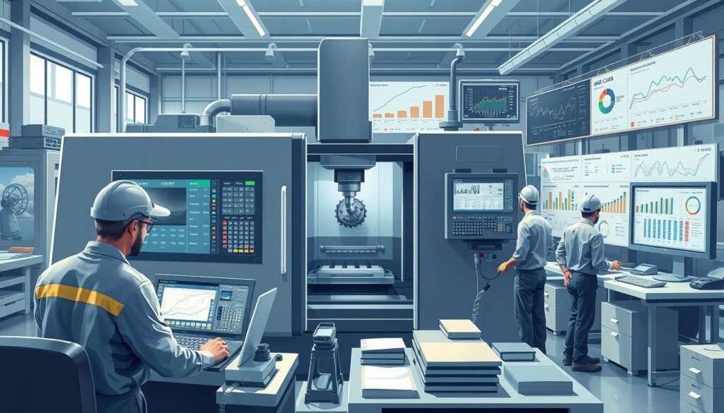 a detailed, technical illustration of labor costs in CNC operations. centered on a CNC machine in a factory setting, with workers performing various tasks around it. in the foreground, a worker operating the machine controls, with a detailed display showing production metrics and cost data. in the middle ground, other workers measuring parts, loading materials, and performing maintenance. in the background, a computerized control station with graphs and charts visualizing labor costs, production efficiency, and other relevant data. the scene is brightly lit with a mix of natural and industrial lighting, creating a clean, modern atmosphere. the overall composition conveys the complex interplay of human labor, technology, and cost factors in CNC manufacturing.